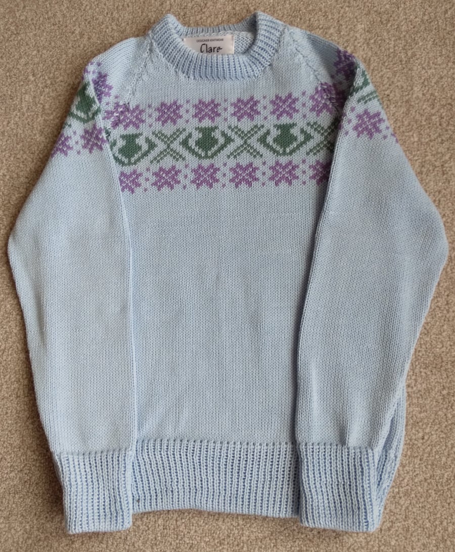 Pale Blue Cotton Fairisle Yoke jumper age 3-4 yrs, Seconds Sunday