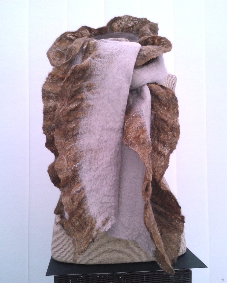 Nuno Felted scarf, mink with autumn shades border