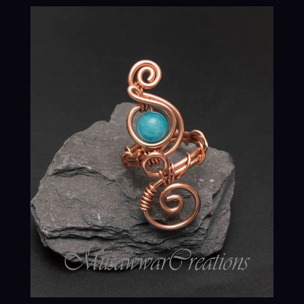 Wire wrapped copper adjustable ring ,Blue quartz copper ring, 