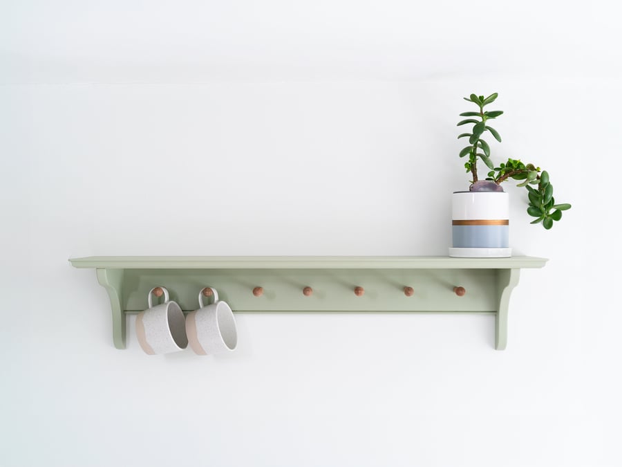 Shaker Peg Shelf in Vert De Terre, Coat Rack, Kitchen Peg Shelf, Coat Hook, Peg 