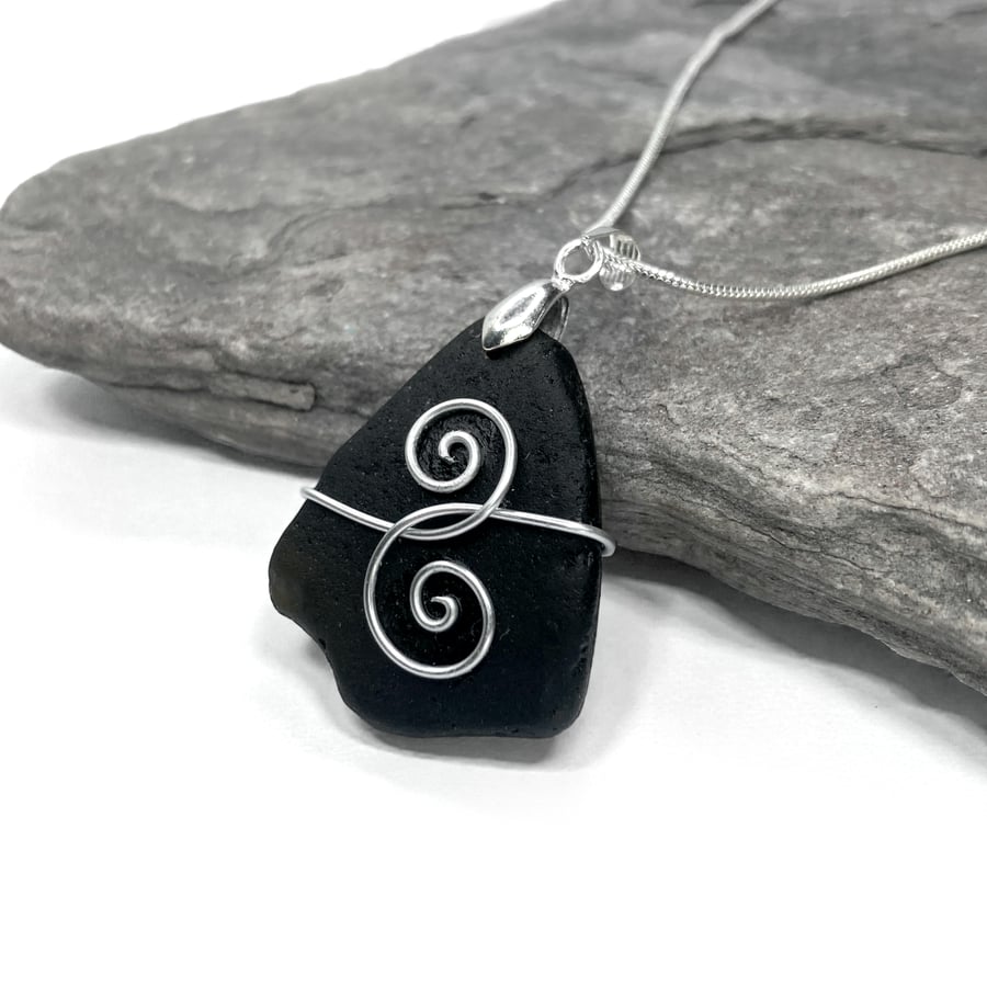Sea Glass Pendant - Black Celtic Necklace. Silver Beach Glass Handmade Jewellery