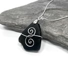 Sea Glass Pendant - Black Celtic Necklace. Silver Beach Glass Handmade Jewellery