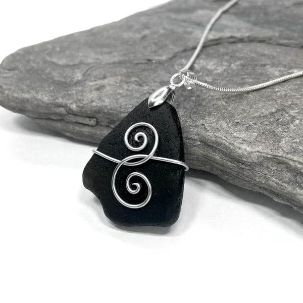 Sea Glass Pendant - Black Celtic Necklace. Silver Beach Glass Handmade Jewellery