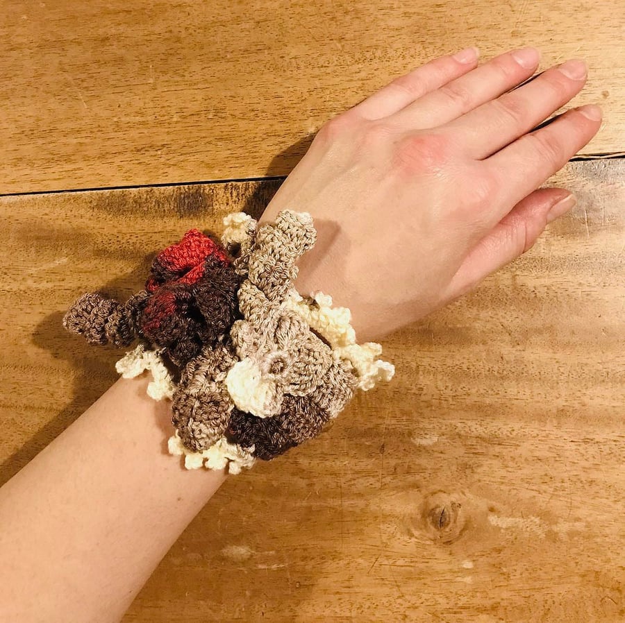 Crochet beige-brown-red flowered bracelet-gift for her crochet bracelet