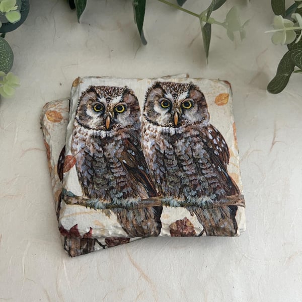 Slate Coasters Set of 2: Decoupage Owls- Home Decor, Dining, Gifts, Kitchen