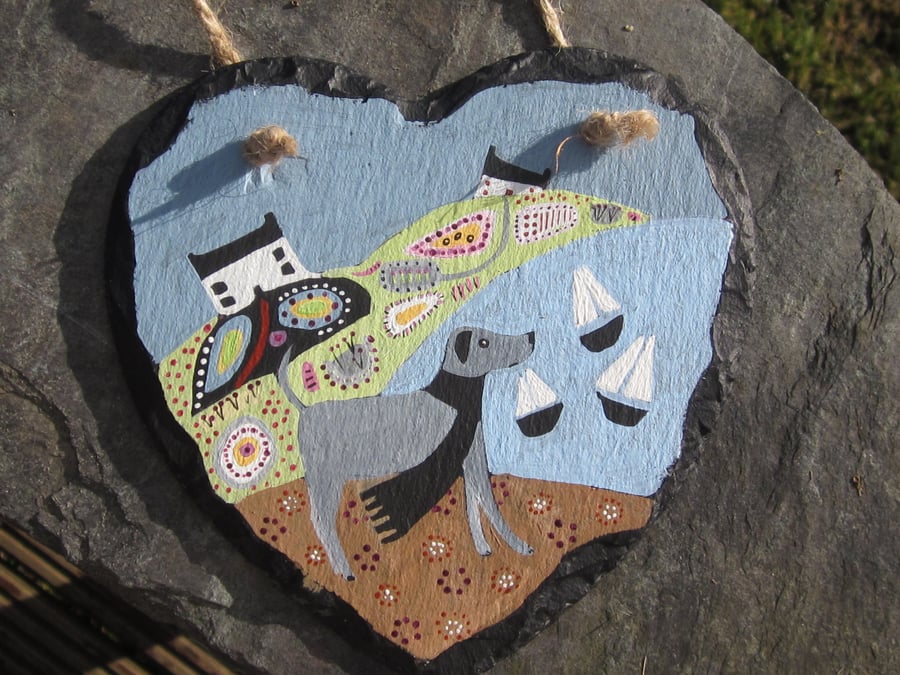 original painting of a dog in landscape on LARGE slate heart