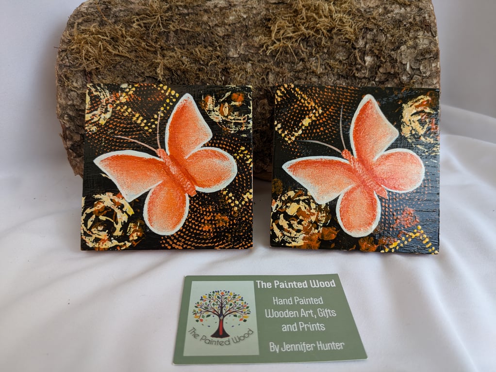 Hand Painted Oak Wood Coaster Set of 2, Orange Butterflies