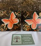 Hand Painted Oak Wood Coaster Set of 2, Orange Butterflies - Image 1