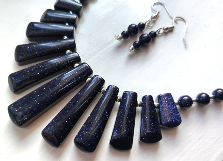 Blue Goldstone Necklace & Earrings Gift Set Tapered Glittery Statement