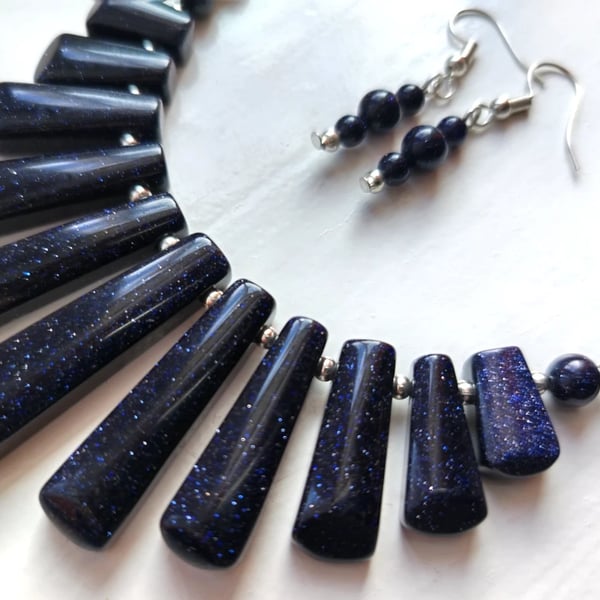 Blue Goldstone Necklace & Earrings Gift Set Tapered Glittery Statement