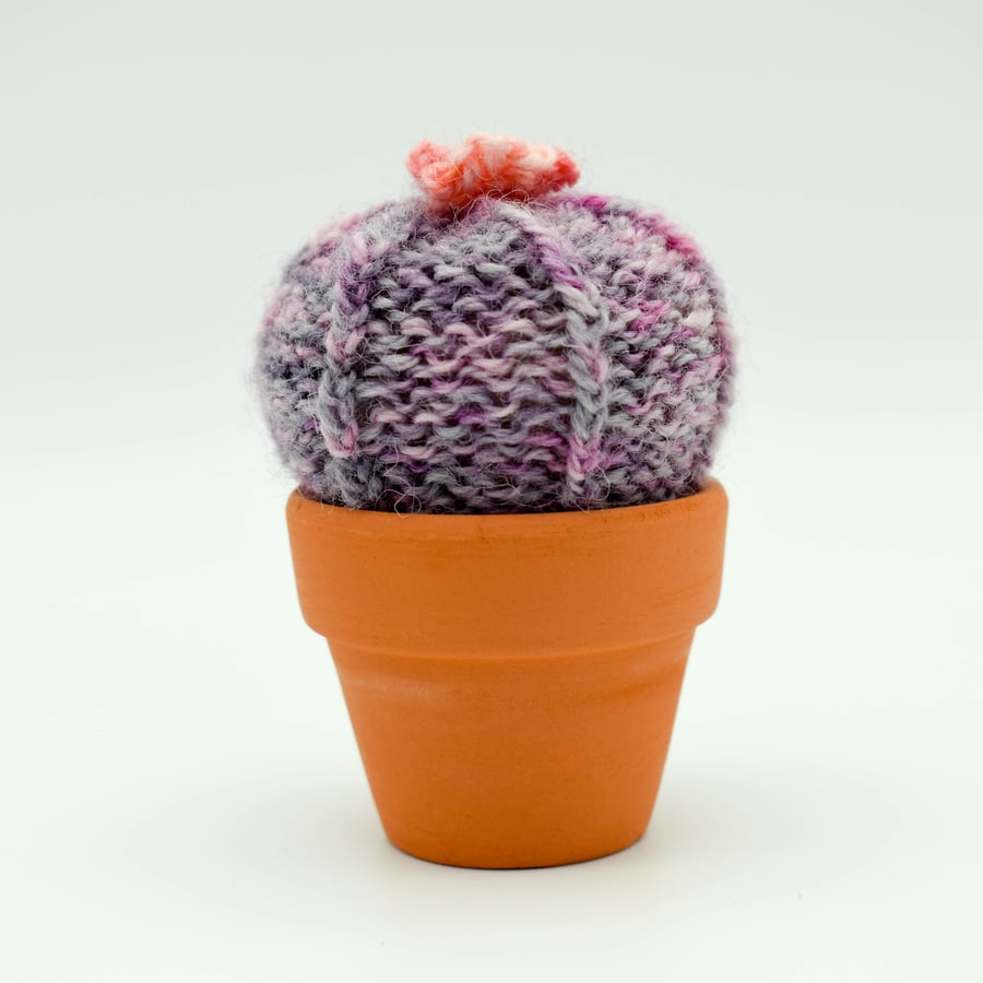 Hand knitted Cactus purple with pink flower Pin cushion