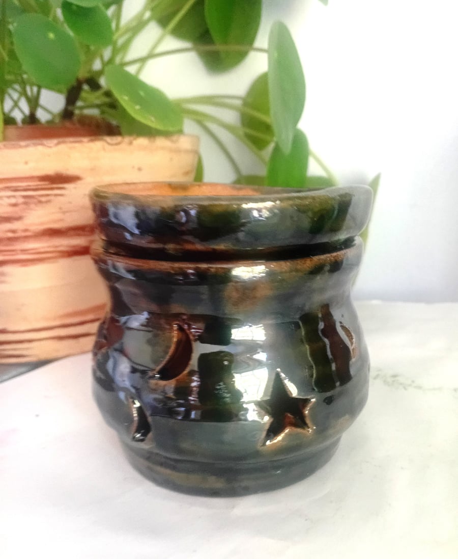wax warmer, melter hand thrown ceramic  green lustre, stars and moons