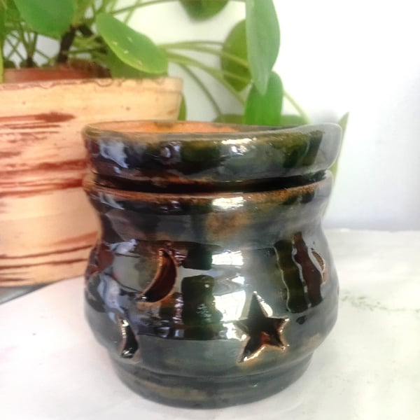 wax warmer, melter hand thrown ceramic  green lustre, stars and moons