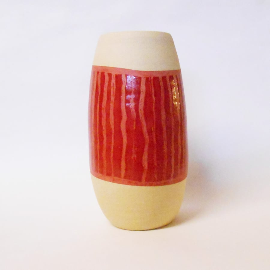 Vase Stunning Wheel Thrown striped Red on Red Ceramic.