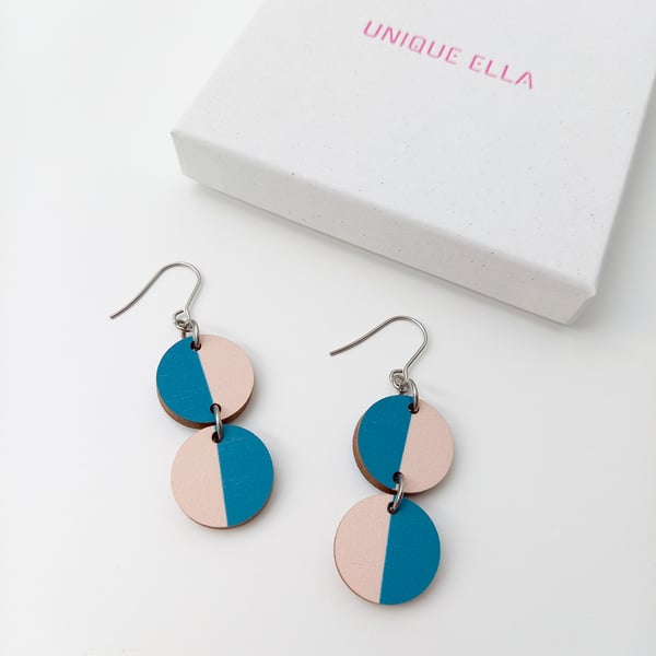 Modern Miami Wooden Earrings Teal Pale Pink Unique Sustainable Jewellery