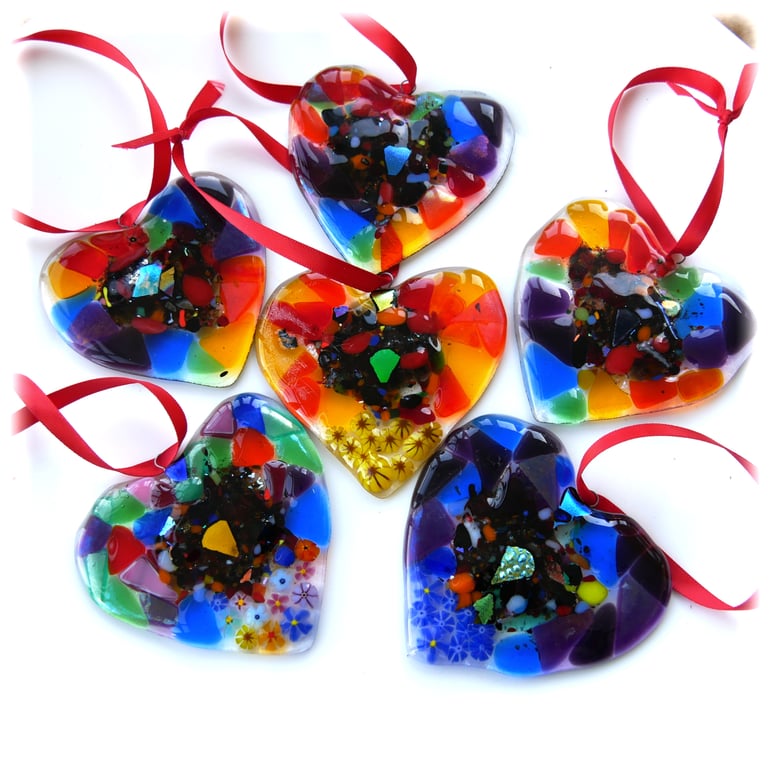 Fused Glass Heart Rainbow Patchwork Millefiori Hanging Decoration