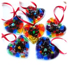 Fused Glass Heart Rainbow Patchwork Millefiori Hanging Decoration