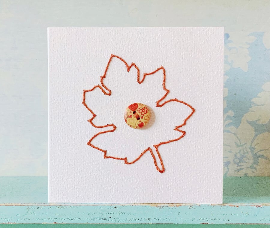 Hand Sewn Leaf Card. Stitched Card. Autumn Card. Seasonal Card. Embroidered Card