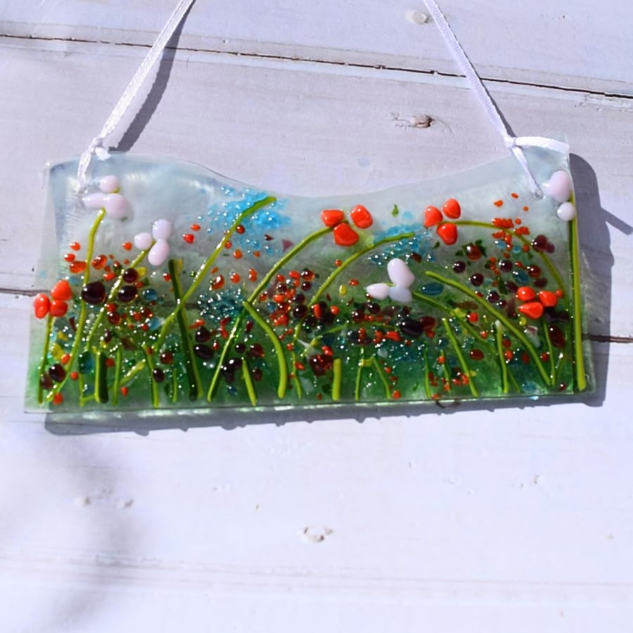 Handmade Fused Glass Flower Meadow Suncatcher, light catcher