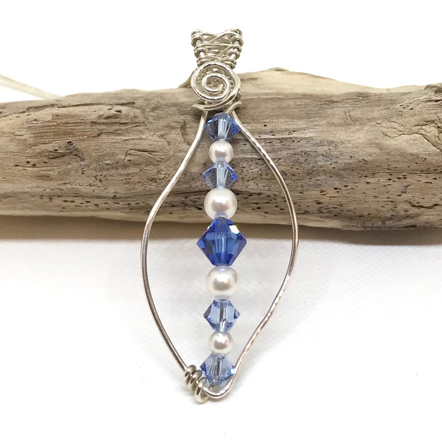 Silver Leaf Pendant, Pearls & Blue Crystals from Swarovski®, Gift For Her