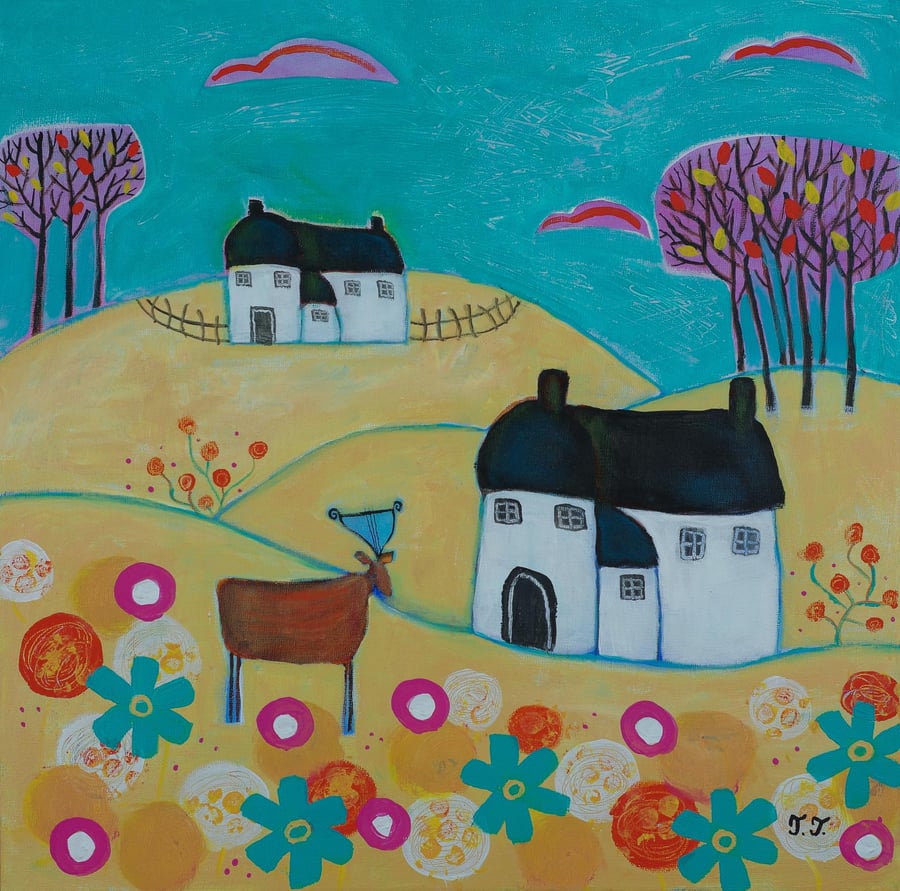 Whimsical Landscape with Cottages and Deer, Naive Animal Artwork