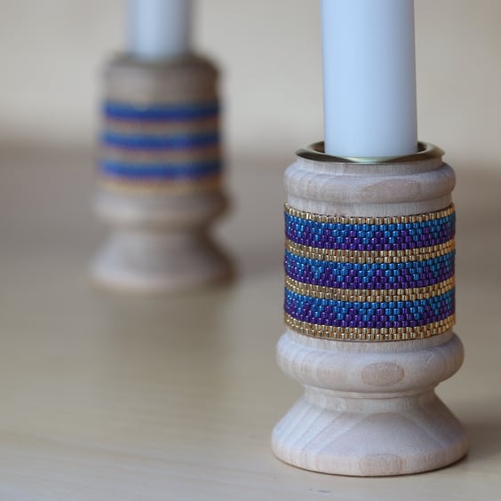 Aztec Design Beaded Wooden Candleholder in Teal and Purple