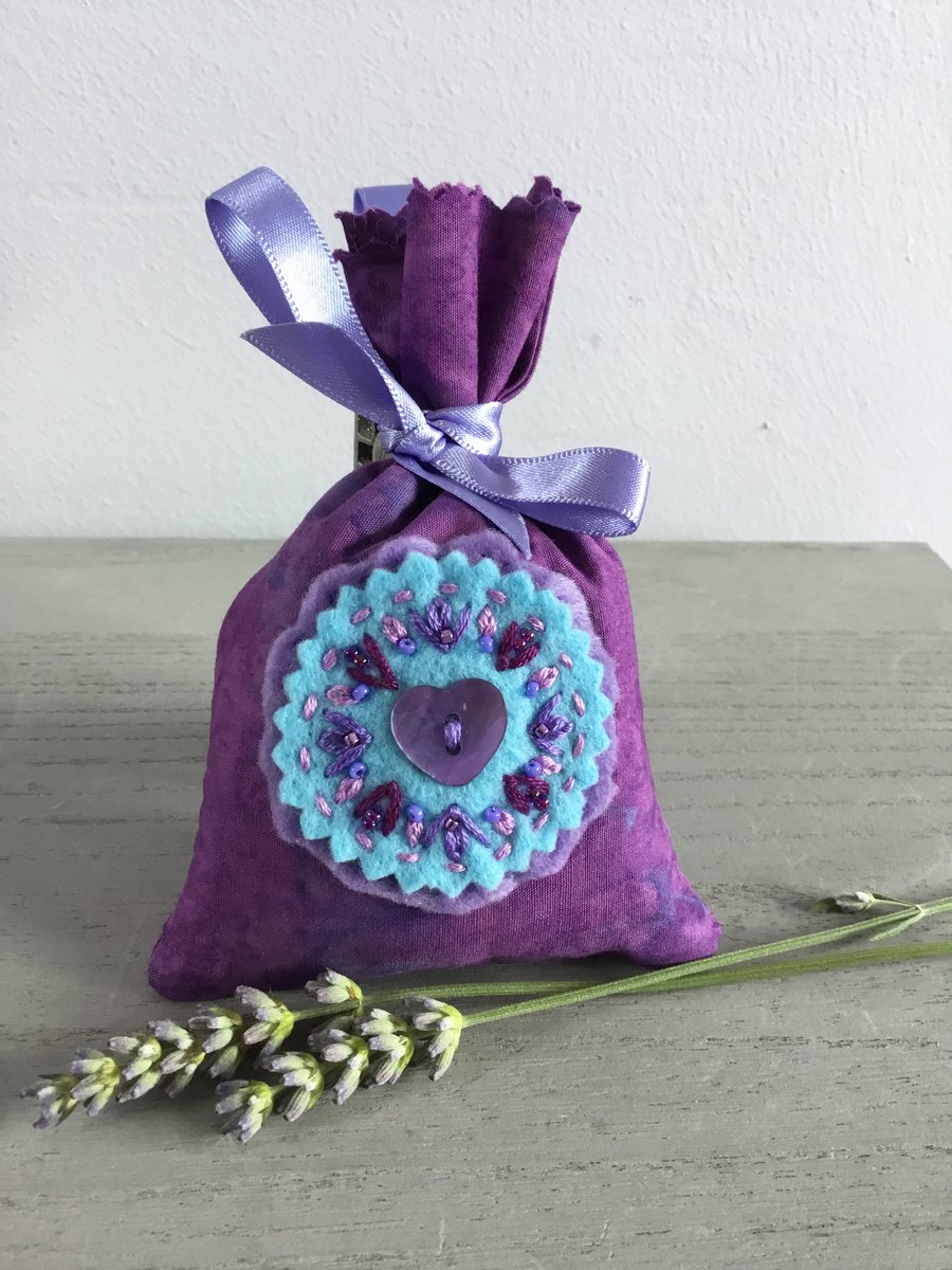 Hand Embroidered Lavender Blue Lavender Bag