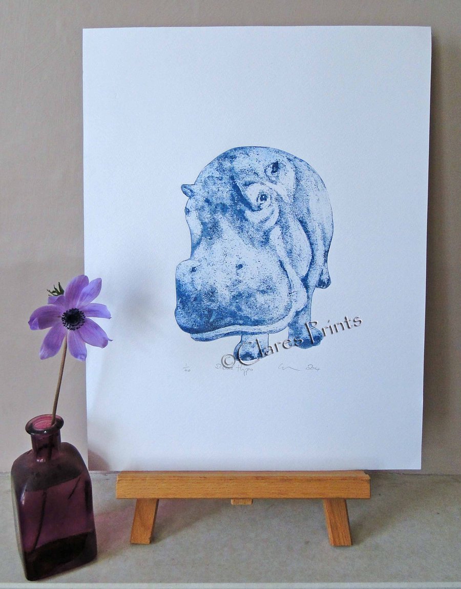 Blue Hippo Animal Limited Edition Collagraph Print Art
