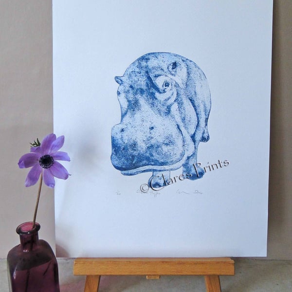 Blue Hippo Animal Limited Edition Collagraph Print Art