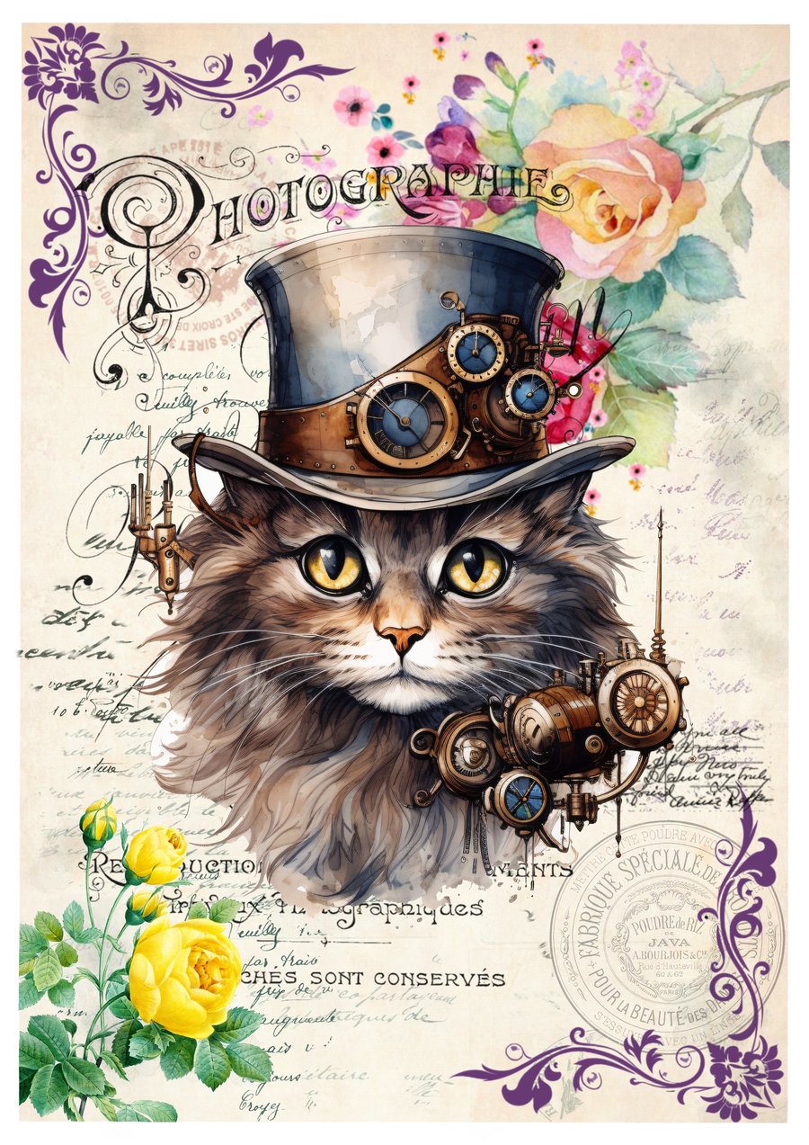 Steampunk Cat Blank Greeting Card. Cute Vintage Victorian Style for Cat Lovers!