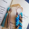 Handmade macrame bookmark, boho - blue marble, heart
