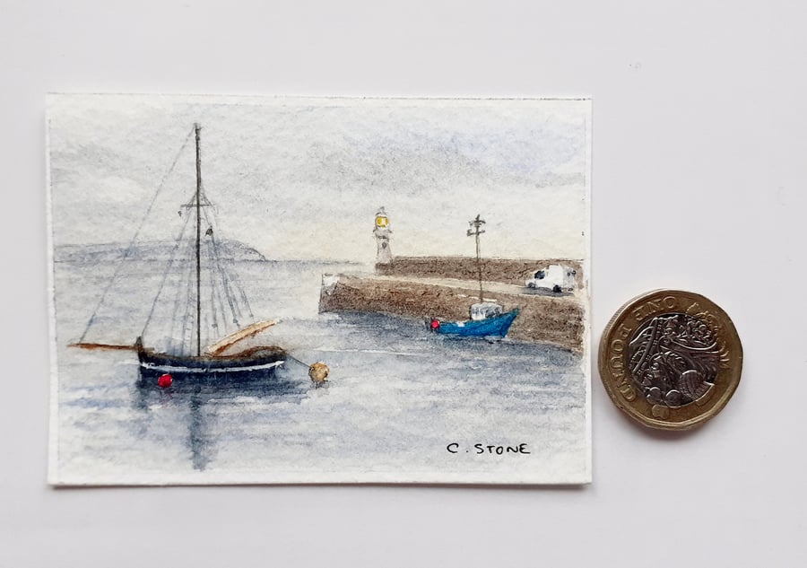ACEO miniature original watercolour painting, Outer Harbour, Mevagissey Cornwall