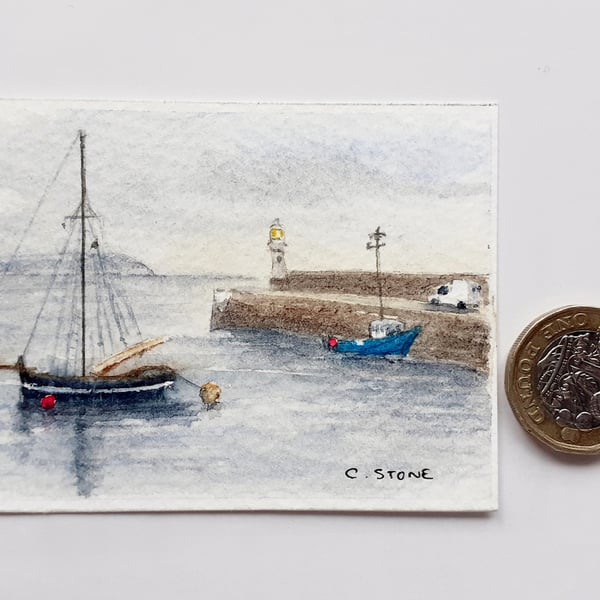 ACEO miniature original watercolour painting, Outer Harbour, Mevagissey Cornwall