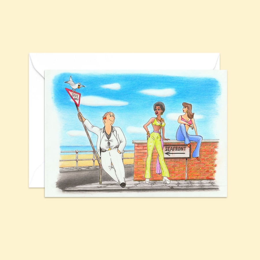Seaside Postcard Greeting Card: Pencil Illustration with a Seventies Vibe (803)