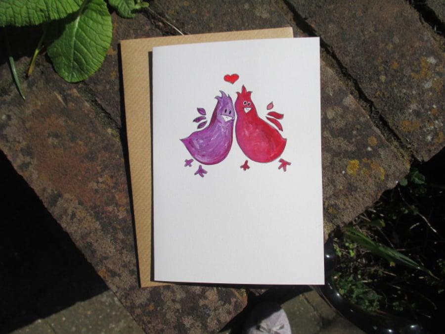 Eco-friendly Valentines handmade Birds Card Anniversary Wedding, Love, Red Heart