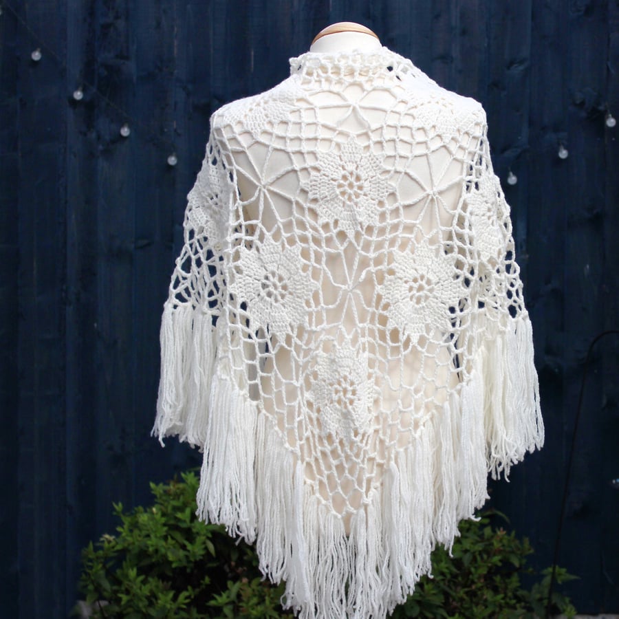 Natural undyed white pure Polwarth Wool crochet shawl - design D428