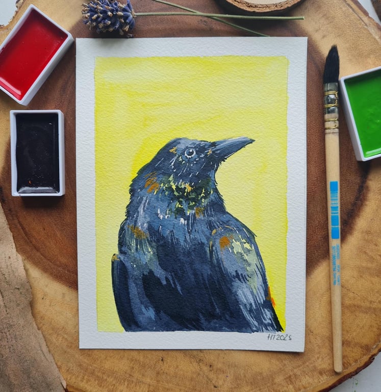Original hand painted small watercolour Yellow Crow art