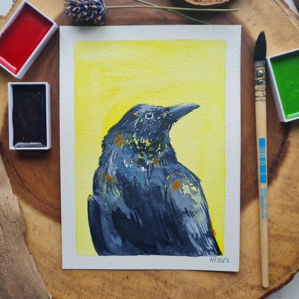 Original hand painted small watercolour Yellow Crow art
