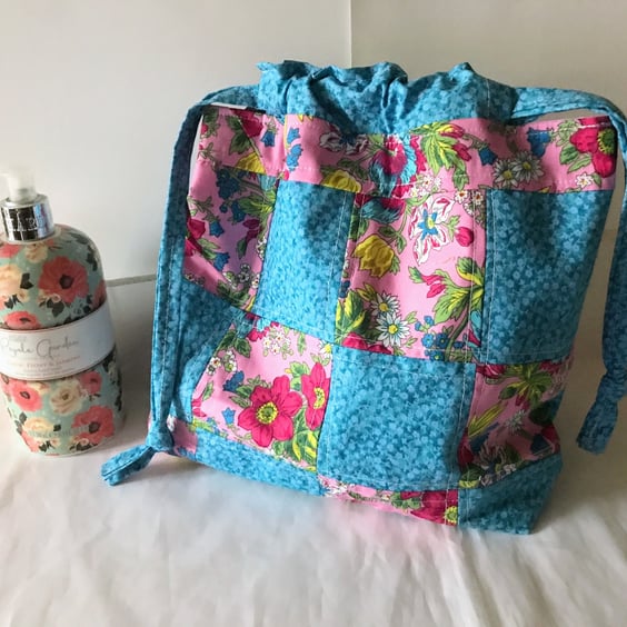 Patchwork Gift Bag, Blue and Pink Floral Reusable Drawstring Fabric Bag