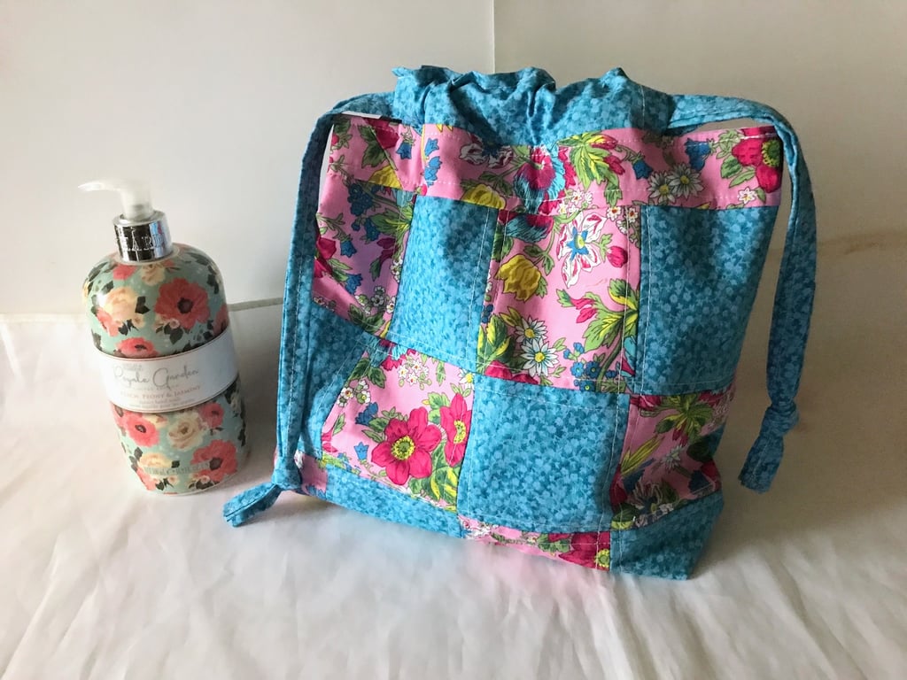 Blue and Pink Floral Drawstring Gift Bag, Eco Friendly Reusable Fabric Bag