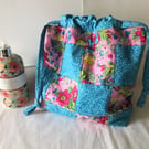 Blue and Pink Floral Drawstring Gift Bag, Eco Friendly Reusable Fabric Bag