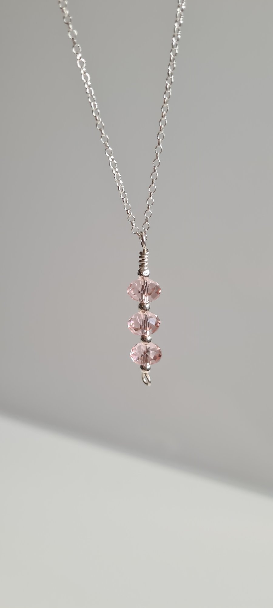 Handmade 925 Silver and Pink Crystal Glass Pendant Necklace on 925 Silver Chain 