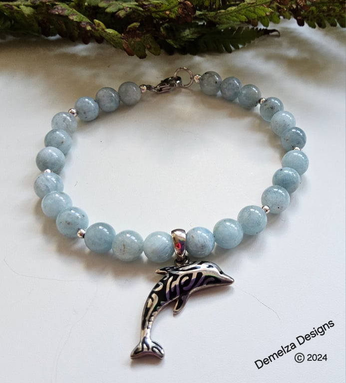 Natural Untreated Aquamarine Heavy Weight Sterling Silver Dolphin Bracelet 