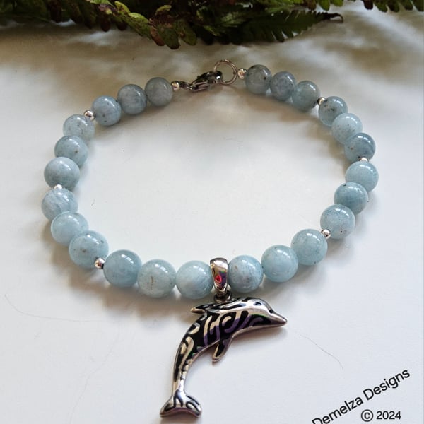 Natural Untreated Aquamarine Dolphin Sterling Silver Bracelet ONE OFF