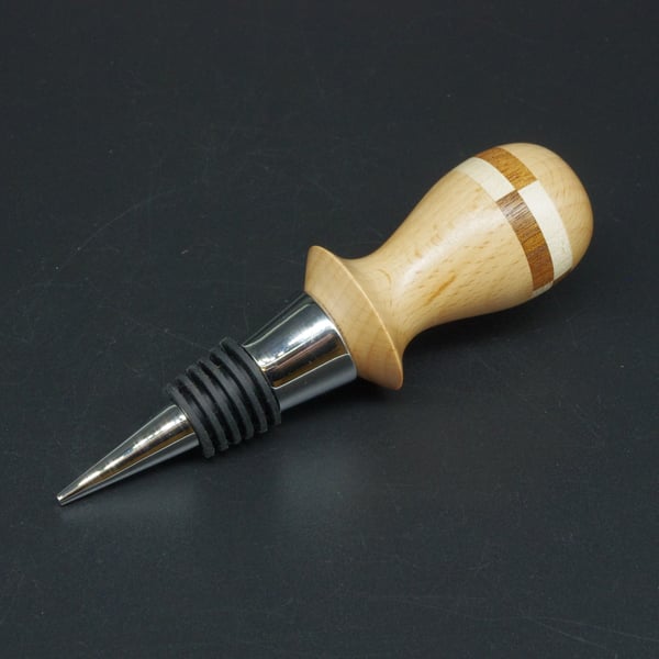 Hand Turned Wooden Bottle Stopper, Scottish Beech With Mahogany & Maple Stripe.