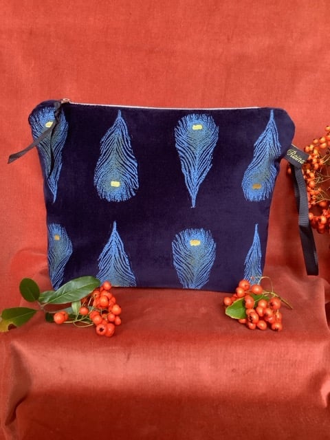 Peacock Makeup Bag, Hand Printed Velvet Cosmetic Bag, Midnight Blue Travel Pouch