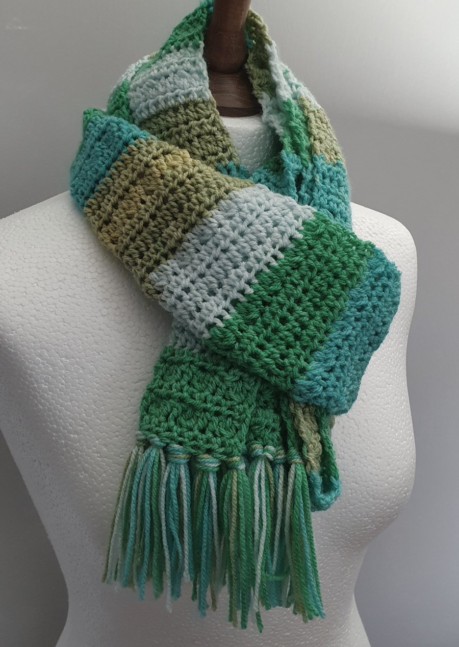 Ladies Multicoloured Scarf with Stripes, Bobbles and Fringes Seconds Sunday