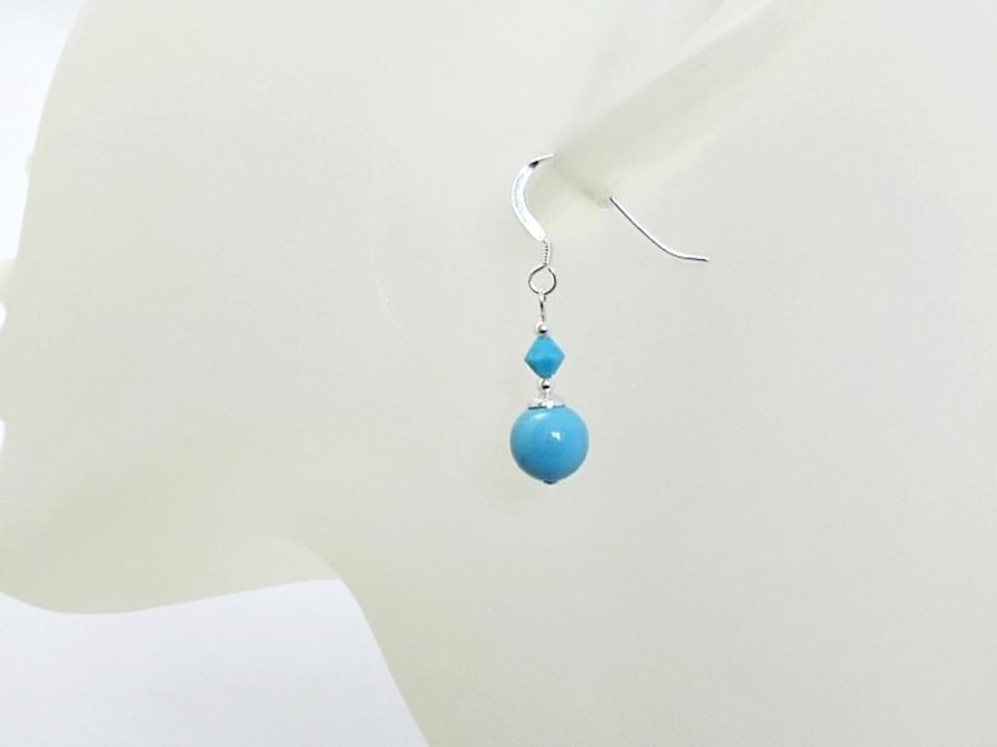 Turquoise Blue Pearls & Crystal Sterling Silver Earrings With Swarovski Elements