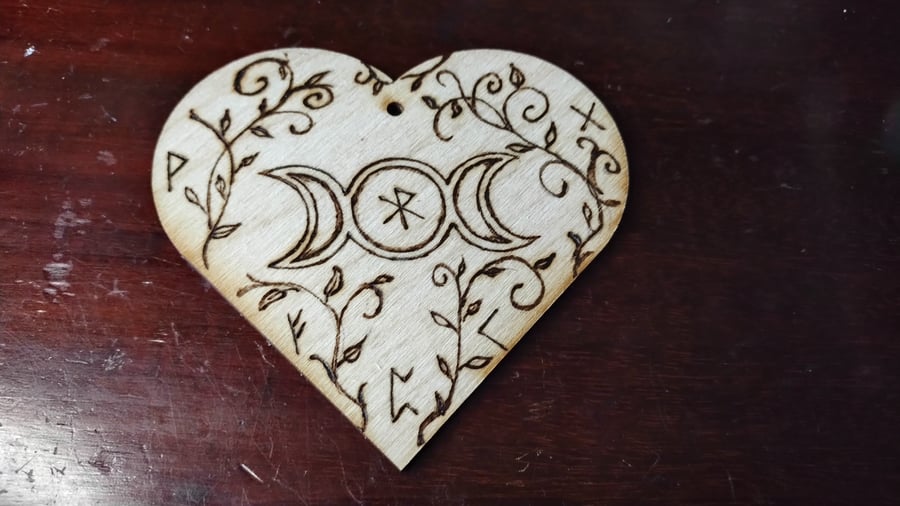 Pyrography Heart, natural wood scene with moons and runes 