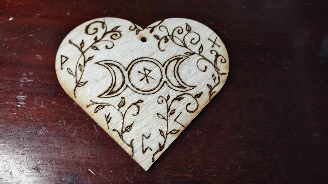 Pyrography Heart, natural wood scene with moons and runes 